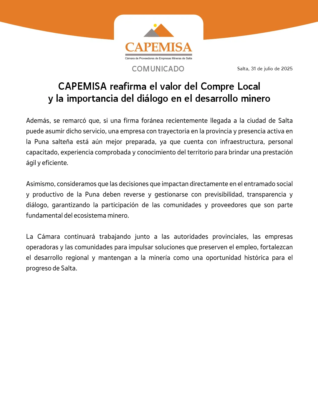 COMUNICADO 31-07-2025CAPEMISA reafirma el valor del Compre Local y la importancia del diálogo en (1)