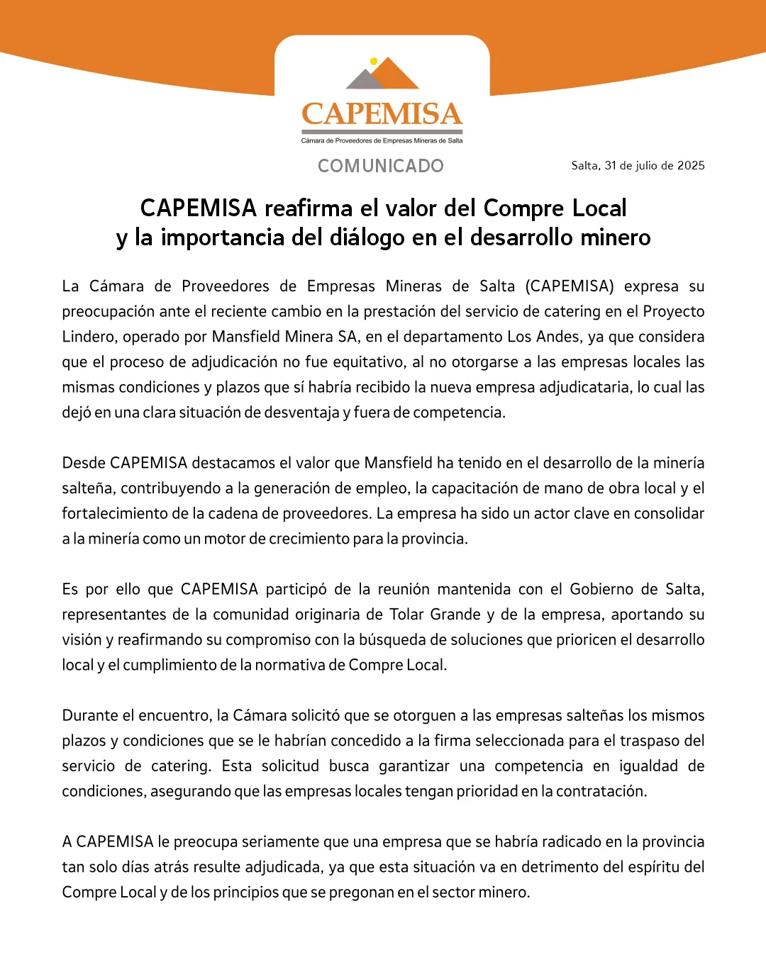 COMUNICADO 31-07-2025CAPEMISA reafirma el valor del Compre Local y la importancia del diálogo en
